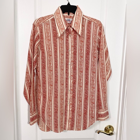 Vintage Other - 70s River Boat By Moss Patterned Polyester Button Up Shirt Vintage Red Cream M